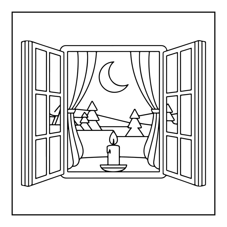 A line drawing of an open window with curtains, showing a night sky with a crescent moon, pine trees, and a lit candle on the sill.