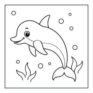Peut inclure: Une illustration en noir et blanc au trait repr&eacute;sentant un dauphin souriant nageant sous l'eau. Le dauphin est entour&eacute; de plusieurs bulles circulaires et de plantes marines stylis&eacute;es au bas du cadre, le tout dans une bordure carr&eacute;e.