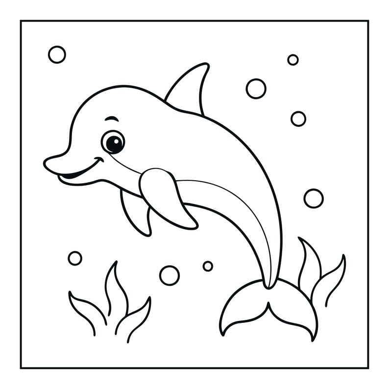 Peut inclure: Une illustration en noir et blanc au trait repr&eacute;sentant un dauphin souriant nageant sous l'eau. Le dauphin est entour&eacute; de plusieurs bulles circulaires et de plantes marines stylis&eacute;es au bas du cadre, le tout dans une bordure carr&eacute;e.