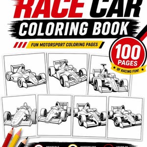 A promotional image for a race car coloring book showing the cover with sample pages and colored pencils.