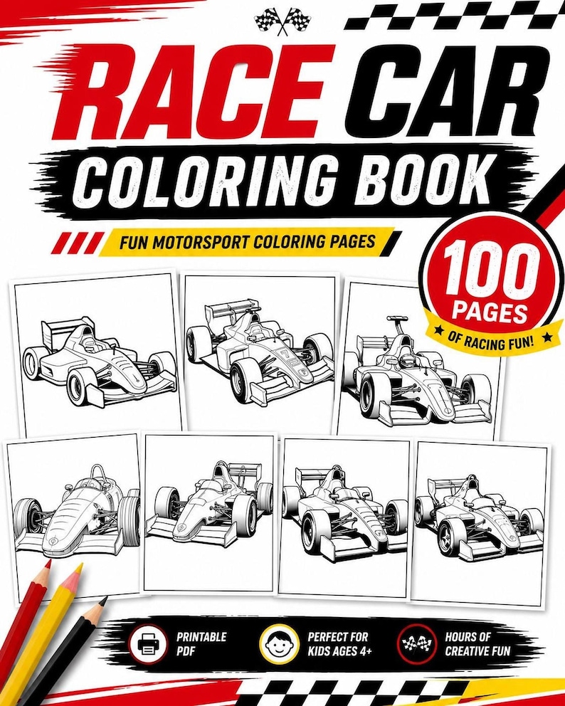 A promotional image for a race car coloring book showing the cover with sample pages and colored pencils.