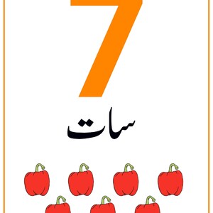 K&ouml;nnte beinhalten: Eine wei&szlig;e Lernkarte mit einer gro&szlig;en orangefarbenen Zahl 7 oben, gefolgt von dem Wort in Urdu-Schrift und sieben roten Paprikaschoten mit gr&uuml;nen Stielen, die in zwei Reihen unten angeordnet sind, alles umrandet von einem d&uuml;nnen orangefarbenen Rand.