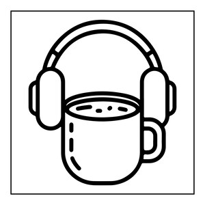 May include: A black and white line art illustration featuring a coffee mug centered beneath a pair of over-ear headphones. The mug has a simple handle on the right side and a circular opening at the top, while the headphones arch over the mug.