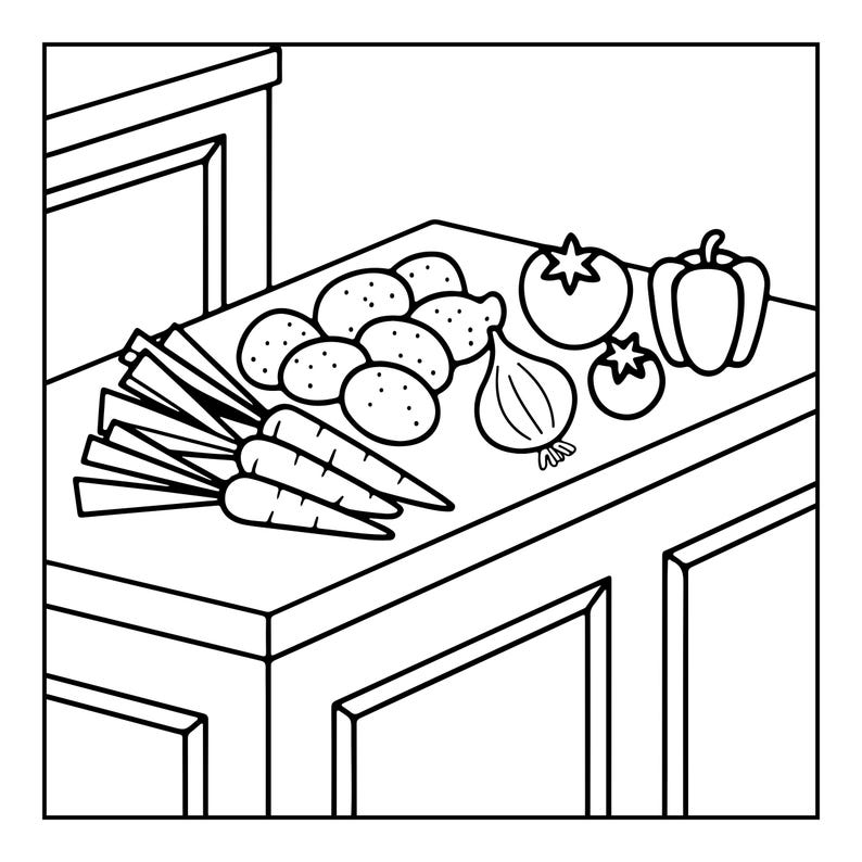 May include: A black and white line art illustration of a kitchen counter featuring a collection of fresh produce including a bunch of carrots, several round potatoes, a single onion, two tomatoes of varying sizes, and a bell pepper.