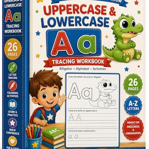 Pu&ograve; includere: Un quaderno di esercizi di scrittura intitolato Uppercase & Lowercase con un alligatore verde, un bambino dai capelli castani e una pila di libri. La copertina include testi come Learn, Trace, Color, Grow, 26 Pages e A-Z Letters.