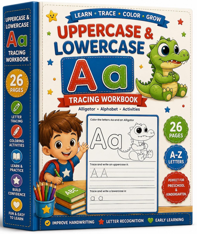 Pu&ograve; includere: Un quaderno di esercizi di scrittura intitolato Uppercase & Lowercase con un alligatore verde, un bambino dai capelli castani e una pila di libri. La copertina include testi come Learn, Trace, Color, Grow, 26 Pages e A-Z Letters.
