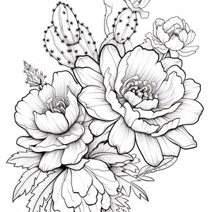 Pode incluir: Uma ilustra&ccedil;&atilde;o de arte linear em preto e branco apresentando um grupo de flores desabrochando e dois cactos espinhosos. O desenho exibe p&eacute;talas detalhadas, folhas serrilhadas e paletas de cactos texturizadas com espinhos vis&iacute;veis.