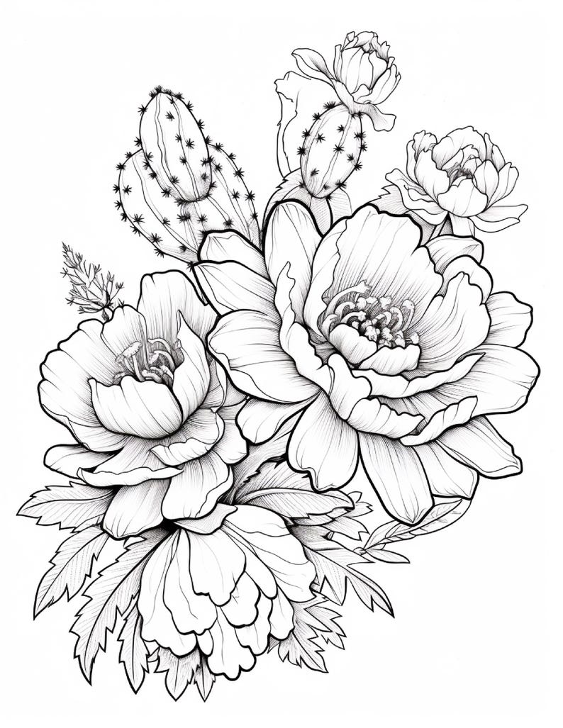 Pode incluir: Uma ilustra&ccedil;&atilde;o de arte linear em preto e branco apresentando um grupo de flores desabrochando e dois cactos espinhosos. O desenho exibe p&eacute;talas detalhadas, folhas serrilhadas e paletas de cactos texturizadas com espinhos vis&iacute;veis.