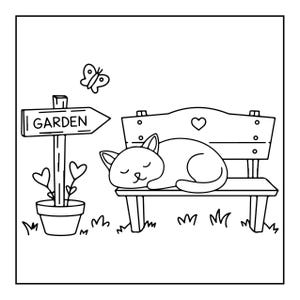 A line drawing of a cat sleeping on a bench next to a sign pointing to "GARDEN" and a butterfly.