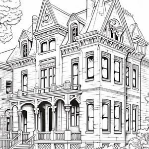 May include: A black and white line art illustration of a multi-story Victorian house with a prominent front porch, steep gabled roofs, multiple tall rectangular windows, decorative trim, and a chimney, set against a simple outdoor landscape.
