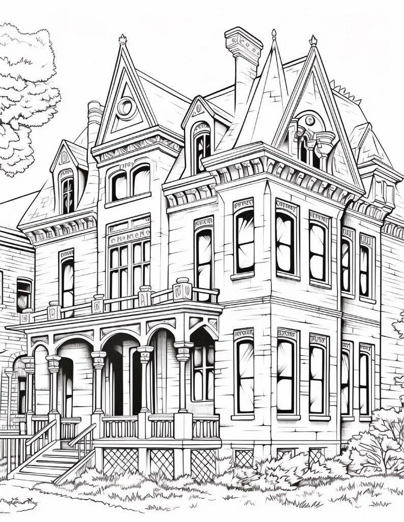 May include: A black and white line art illustration of a multi-story Victorian house with a prominent front porch, steep gabled roofs, multiple tall rectangular windows, decorative trim, and a chimney, set against a simple outdoor landscape.