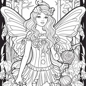 May include: A black and white line art illustration of a fairy with large wings, long wavy hair, and a ruffled dress. The figure stands in a forest setting with trees and foliage, holding a small lantern-like object in one hand.
