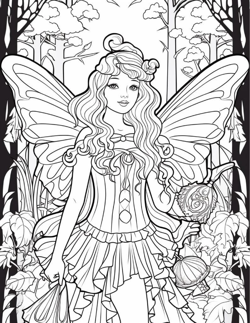 May include: A black and white line art illustration of a fairy with large wings, long wavy hair, and a ruffled dress. The figure stands in a forest setting with trees and foliage, holding a small lantern-like object in one hand.