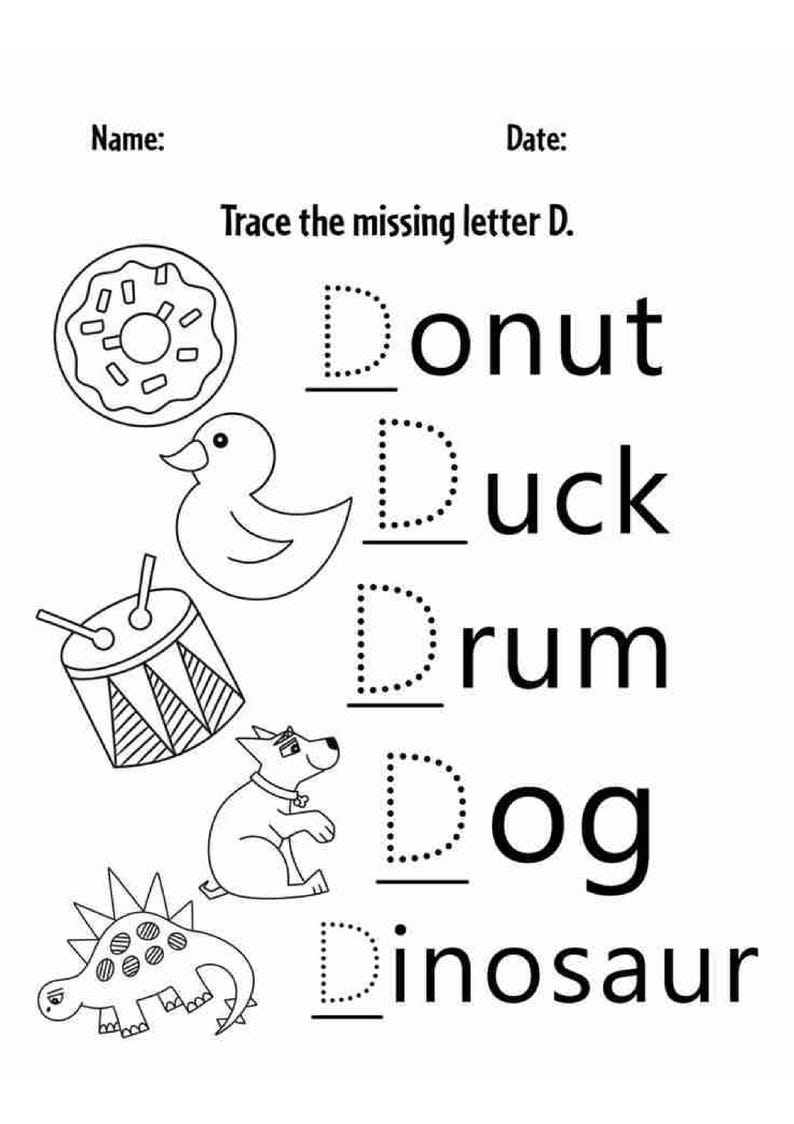 Op de afbeelding: Een zwart-wit educatief werkblad met de titel Trace the missing letter D. Het bevat illustraties van een donut, eend, trommel, hond en dinosaurus, elk gekoppeld aan het woord waarbij de letter D wordt weergegeven door een stippellijn.
