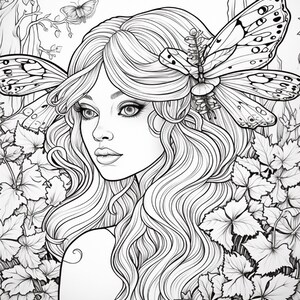 May include: A black and white line art illustration of a person with long wavy hair adorned with large butterfly wings. The figure is surrounded by dense foliage and leaves, with additional butterflies flying in the background. The style is detailed.