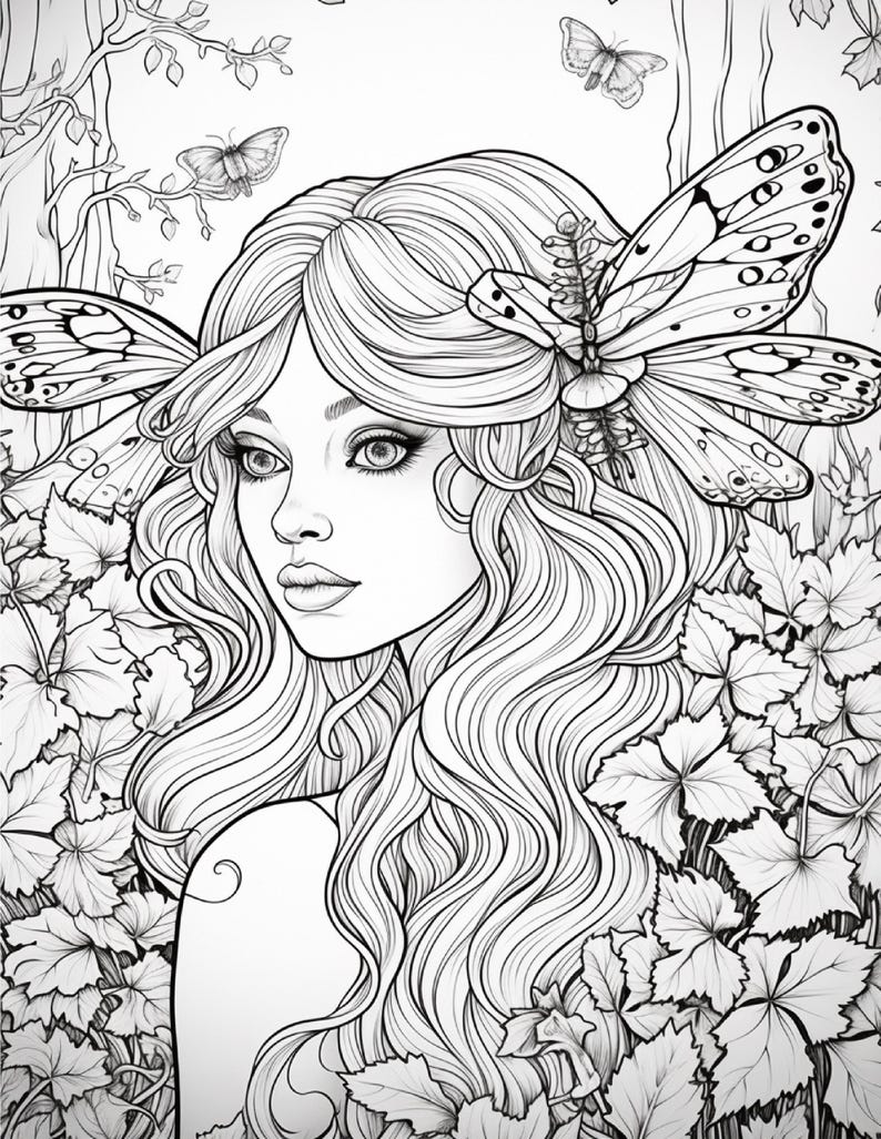 May include: A black and white line art illustration of a person with long wavy hair adorned with large butterfly wings. The figure is surrounded by dense foliage and leaves, with additional butterflies flying in the background. The style is detailed.