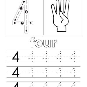 May include: A black and white educational worksheet featuring the number 4 with directional arrows for writing, a hand illustration showing four fingers, the word four in outline font, and three rows of practice lines with the number 4.