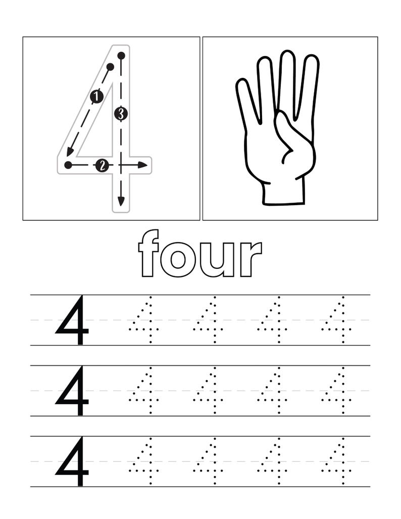 May include: A black and white educational worksheet featuring the number 4 with directional arrows for writing, a hand illustration showing four fingers, the word four in outline font, and three rows of practice lines with the number 4.