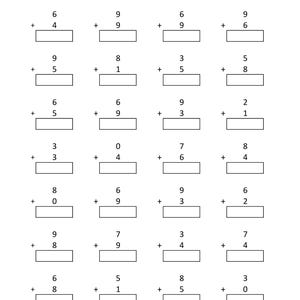May include: A black and white educational worksheet titled Math - Addition Single Digit, featuring seven rows of four vertical addition problems. Each problem consists of two single-digit numbers stacked vertically with a plus sign and a blank box.