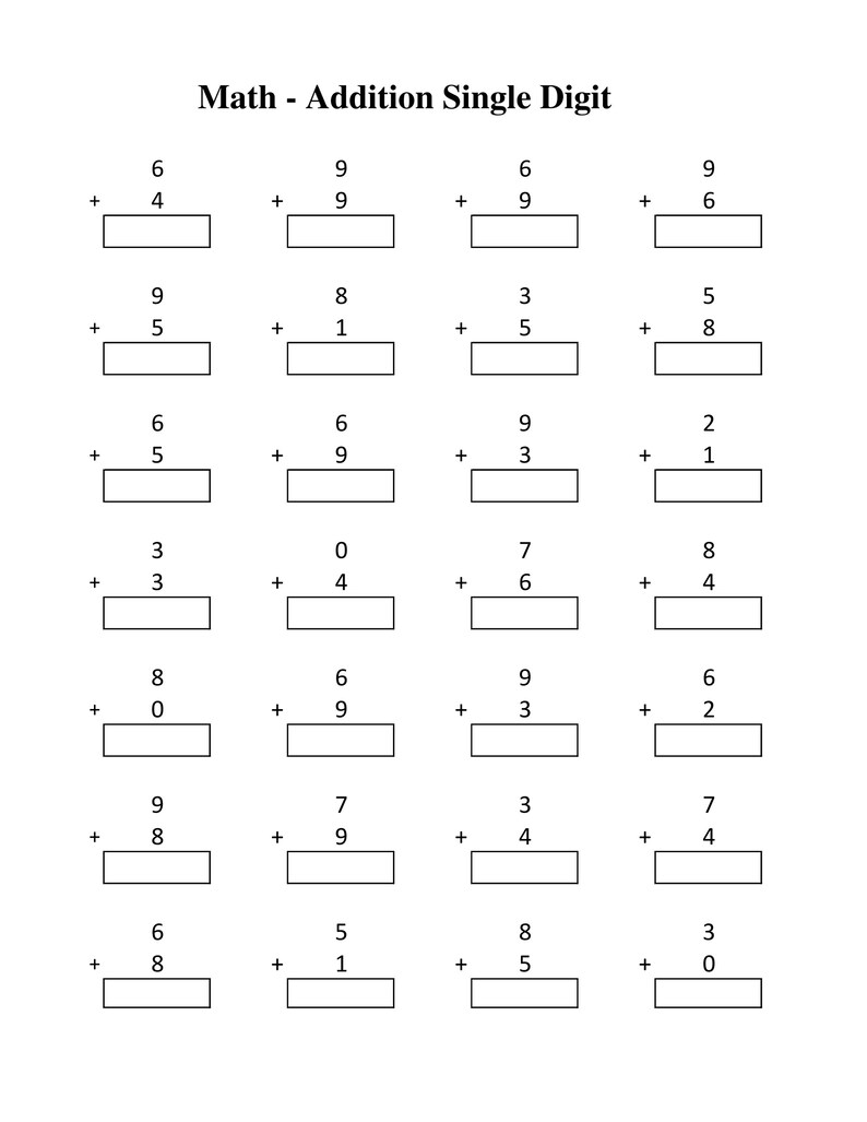 May include: A black and white educational worksheet titled Math - Addition Single Digit, featuring seven rows of four vertical addition problems. Each problem consists of two single-digit numbers stacked vertically with a plus sign and a blank box.