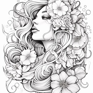 May include: A black and white line art illustration featuring a profile view of a face surrounded by flowing hair and various large blossoms. The detailed drawing uses varying line weights to define the facial features and the intricate floral patterns.