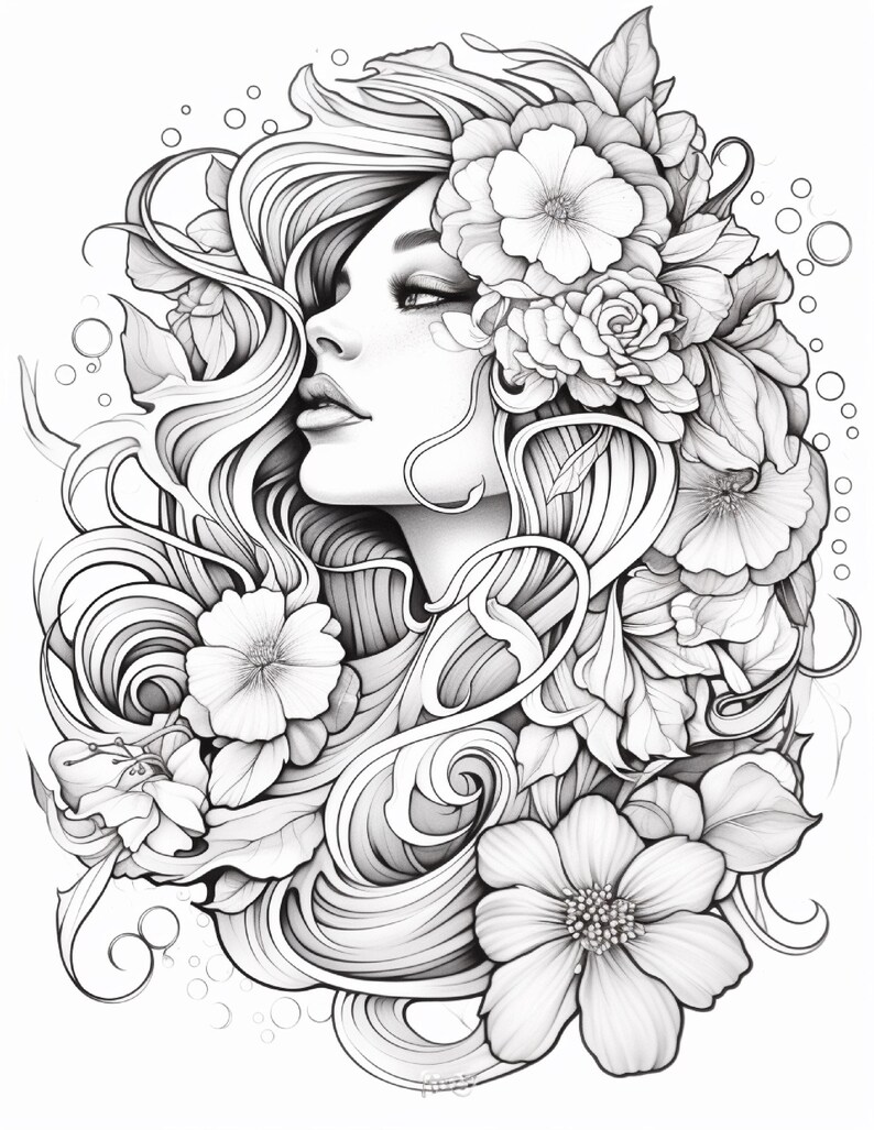 May include: A black and white line art illustration featuring a profile view of a face surrounded by flowing hair and various large blossoms. The detailed drawing uses varying line weights to define the facial features and the intricate floral patterns.