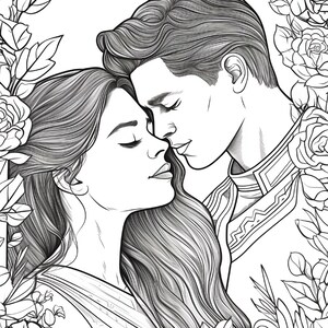 May include: A black and white line art illustration featuring two people with closed eyes leaning toward each other, framed by detailed roses and leaves. The figures have long flowing hair and are dressed in garments with subtle patterns.