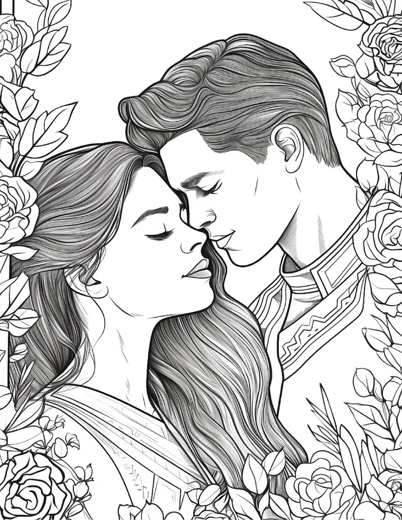 May include: A black and white line art illustration featuring two people with closed eyes leaning toward each other, framed by detailed roses and leaves. The figures have long flowing hair and are dressed in garments with subtle patterns.