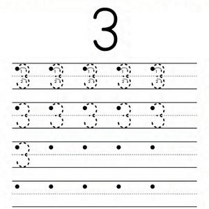 Peut inclure: Une feuille de travail &eacute;ducative blanche pour le tra&ccedil;age des chiffres avec le texte Name, Number Tracing et The Number 3. La page pr&eacute;sente un grand chiffre 3 noir en haut, suivi de lignes de chiffres 3 en pointill&eacute;s avec des fl&egrave;ches.
