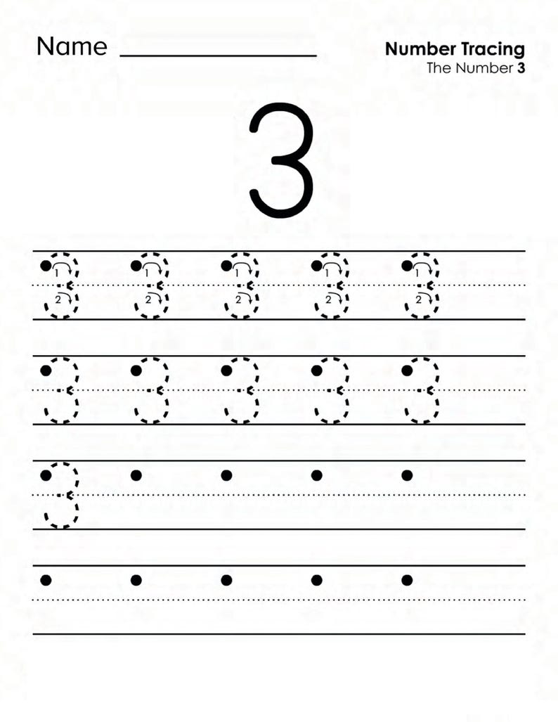 Peut inclure: Une feuille de travail &eacute;ducative blanche pour le tra&ccedil;age des chiffres avec le texte Name, Number Tracing et The Number 3. La page pr&eacute;sente un grand chiffre 3 noir en haut, suivi de lignes de chiffres 3 en pointill&eacute;s avec des fl&egrave;ches.