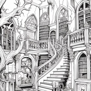 May include: A black and white line art illustration of a multi-level library interior featuring a grand curved staircase, arched windows, and floor-to-ceiling bookshelves. A large, gnarled tree grows through the structure, with stone pillars and balustrades.