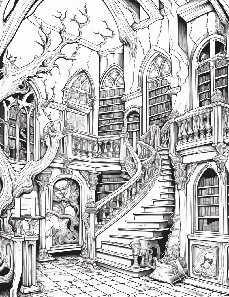 May include: A black and white line art illustration of a multi-level library interior featuring a grand curved staircase, arched windows, and floor-to-ceiling bookshelves. A large, gnarled tree grows through the structure, with stone pillars and balustrades.