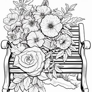 K&ouml;nnte beinhalten: Eine schwarz-wei&szlig;e Strichzeichnung, die eine h&ouml;lzerne Parkbank zeigt, welche mit einem gro&szlig;en Blumenstrau&szlig; aus verschiedenen Bl&uuml;ten &uuml;berquillt, darunter eine markante Rose im Vordergrund, umgeben von detaillierten Bl&auml;ttern und Bl&uuml;ten.