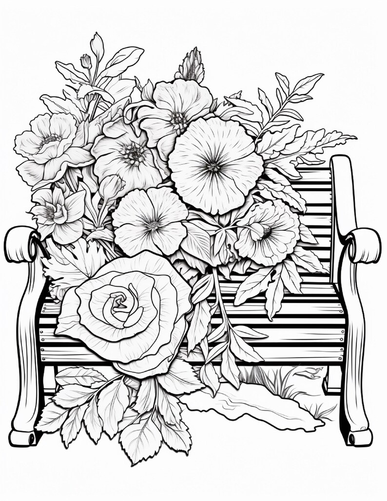 K&ouml;nnte beinhalten: Eine schwarz-wei&szlig;e Strichzeichnung, die eine h&ouml;lzerne Parkbank zeigt, welche mit einem gro&szlig;en Blumenstrau&szlig; aus verschiedenen Bl&uuml;ten &uuml;berquillt, darunter eine markante Rose im Vordergrund, umgeben von detaillierten Bl&auml;ttern und Bl&uuml;ten.
