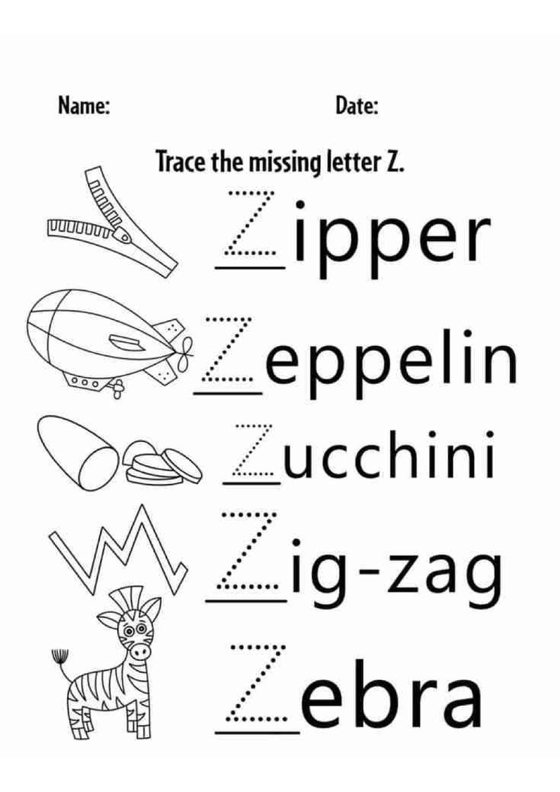 Op de afbeelding: Een zwart-wit educatief werkblad met de titel Trace the missing letter Z. Het bevat lijntekeningen van een rits, zeppelin, courgette, zigzagpatroon en zebra, elk gekoppeld aan het bijbehorende woord en een stippellijnletter Z om over te trekken.