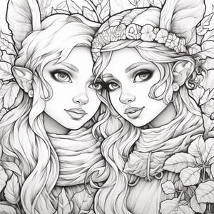 May include: A black and white line art illustration featuring two figures with pointed ears, long wavy hair, and scarves, surrounded by detailed foliage. One figure wears a floral crown. The drawing style uses clean lines and shading.