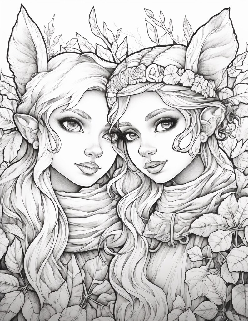 May include: A black and white line art illustration featuring two figures with pointed ears, long wavy hair, and scarves, surrounded by detailed foliage. One figure wears a floral crown. The drawing style uses clean lines and shading.