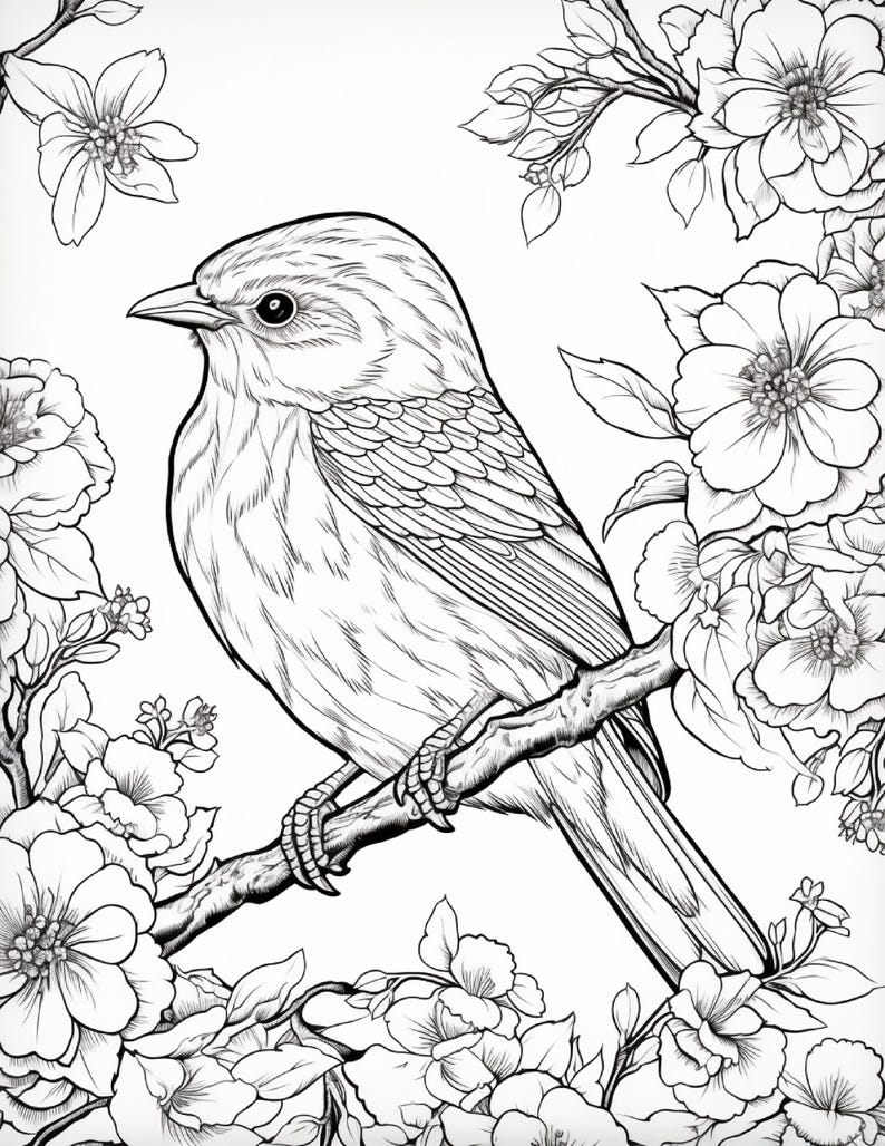 May include: A black and white line art illustration featuring a small bird perched on a flowering branch. The bird is shown in profile, surrounded by detailed blossoms and leaves, creating a nature-themed coloring page design with clear outlines.