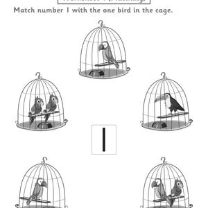 Puede incluir: Una hoja de trabajo educativa en blanco y negro titulada Worksheet 4 (Matching) con la instrucci&oacute;n Match number 1 with the one bird in the cage. La p&aacute;gina muestra cinco jaulas con varios p&aacute;jaros y el n&uacute;mero 1 en un recuadro.