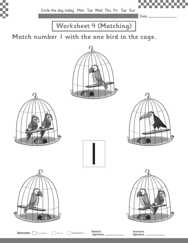 Puede incluir: Una hoja de trabajo educativa en blanco y negro titulada Worksheet 4 (Matching) con la instrucci&oacute;n Match number 1 with the one bird in the cage. La p&aacute;gina muestra cinco jaulas con varios p&aacute;jaros y el n&uacute;mero 1 en un recuadro.