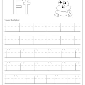 May include: A black and white letter tracing worksheet featuring the text Letter Tracing, Name, Color it, and Trace the letter. It includes a large uppercase and lowercase Ff, a cartoon frog illustration, and rows of dotted lines for tracing.
