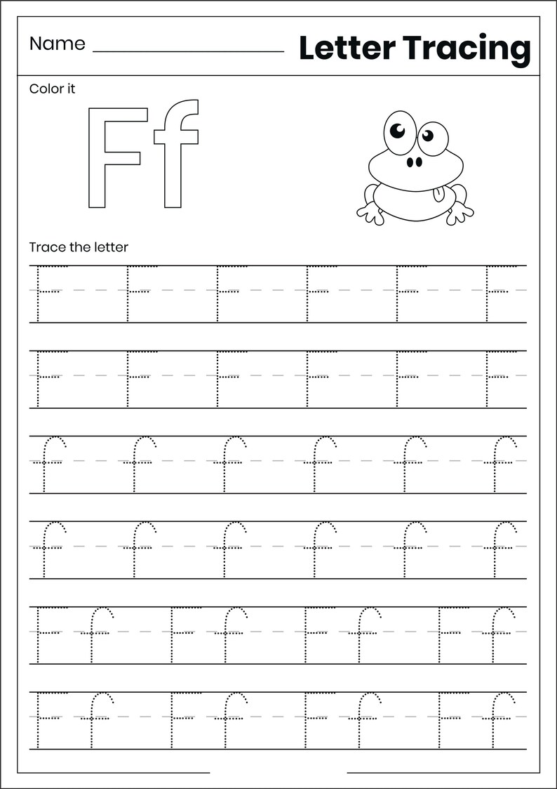 May include: A black and white letter tracing worksheet featuring the text Letter Tracing, Name, Color it, and Trace the letter. It includes a large uppercase and lowercase Ff, a cartoon frog illustration, and rows of dotted lines for tracing.