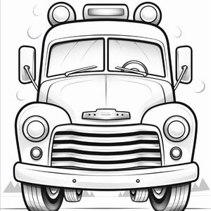 May include: A black and white line art illustration of a vintage truck viewed from the front. The vehicle features a prominent horizontal grille, rounded fenders, circular headlights, side mirrors, a windscreen with wipers, and roof lights.