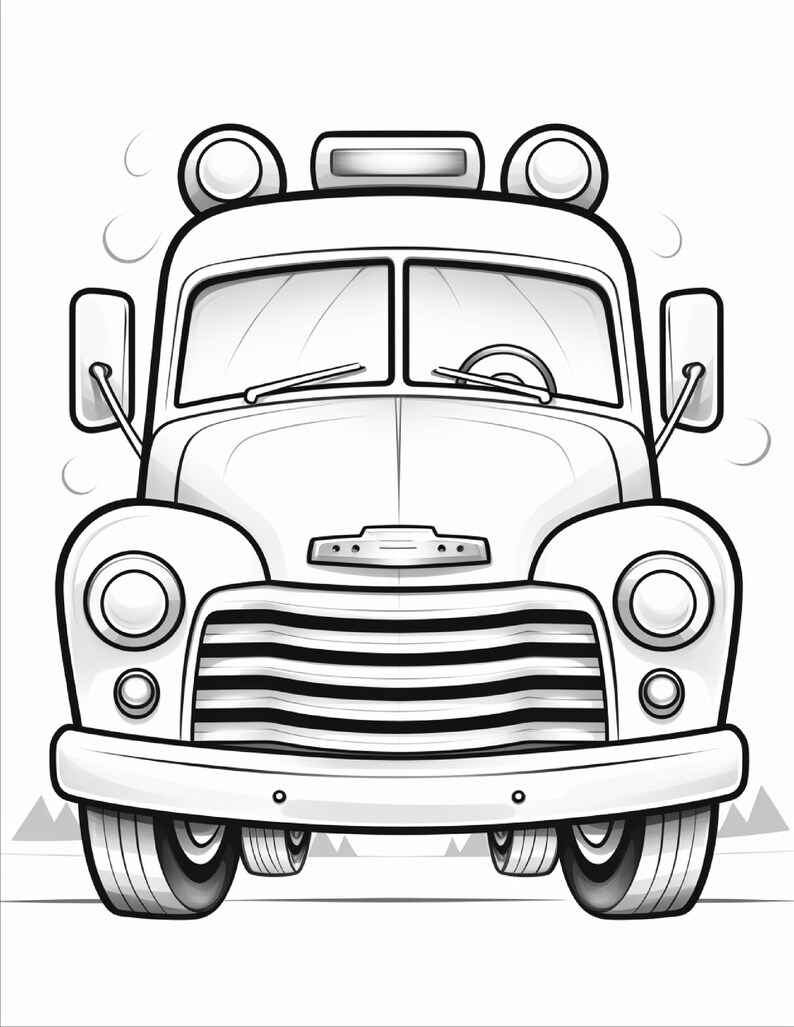 May include: A black and white line art illustration of a vintage truck viewed from the front. The vehicle features a prominent horizontal grille, rounded fenders, circular headlights, side mirrors, a windscreen with wipers, and roof lights.