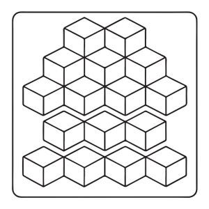 May include: A black and white line art graphic featuring a stacked arrangement of fourteen isometric cubes. The cubes are organised in a pyramid-like formation with a distinct gap separating the top cluster from the bottom two rows of cubes.