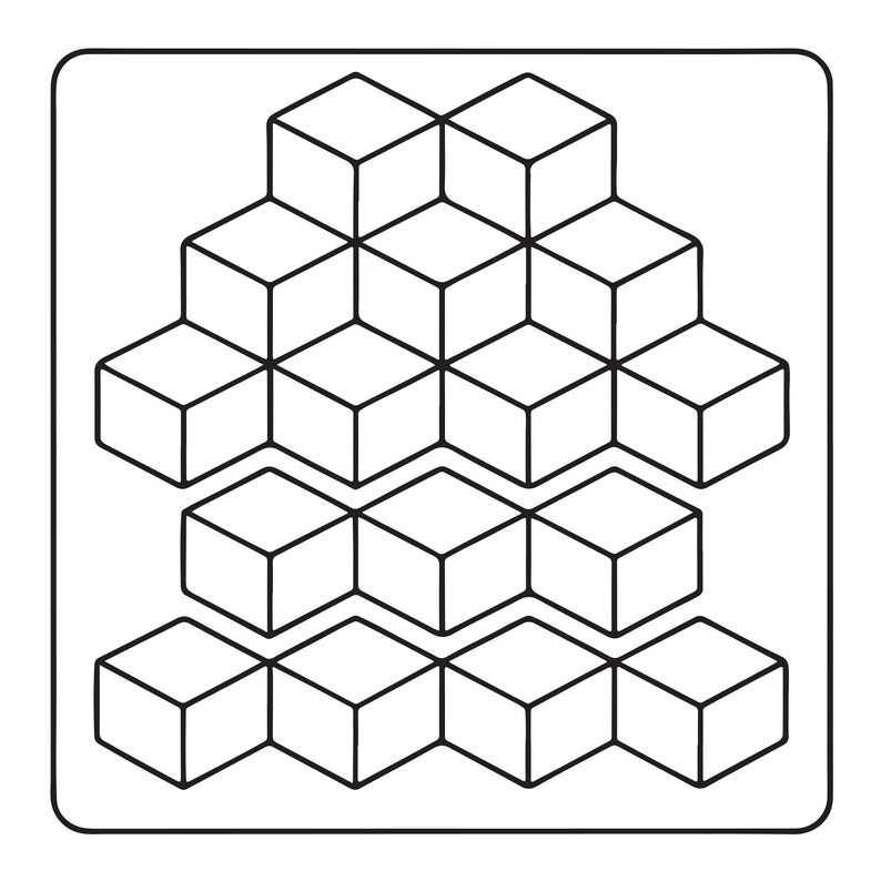 May include: A black and white line art graphic featuring a stacked arrangement of fourteen isometric cubes. The cubes are organised in a pyramid-like formation with a distinct gap separating the top cluster from the bottom two rows of cubes.