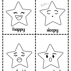 A sheet with four cut-out style cards featuring star characters expressing happy, sleepy, afraid, and surprised emotions with corresponding labels.