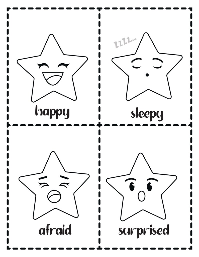 A sheet with four cut-out style cards featuring star characters expressing happy, sleepy, afraid, and surprised emotions with corresponding labels.