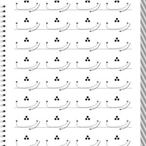 Peut inclure: Une page de cahier d'exercices blanche pr&eacute;sentant des rang&eacute;es de caract&egrave;res arabes en pointill&eacute;s. Chaque caract&egrave;re est une forme incurv&eacute;e avec trois points au-dessus, accompagn&eacute;e d'une fl&egrave;che directionnelle indiquant le trac&eacute;.