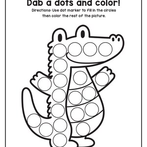 A coloring and dot marker worksheet titled Dab a dots and color featuring an outline drawing of an alligator with circles inside its body.